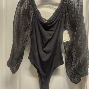 Jealous Tomato Black Bodysuit with Sheer Polka Dot Sleeves